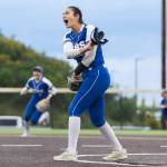 Sedro-Woolleys Kasandra Gonzalez reacts after getting the final out to beat Everett in the 3A district championship game on Thursday, May 14, 2026 in Everett, Washington. (Olivia Vanni / The Herald)