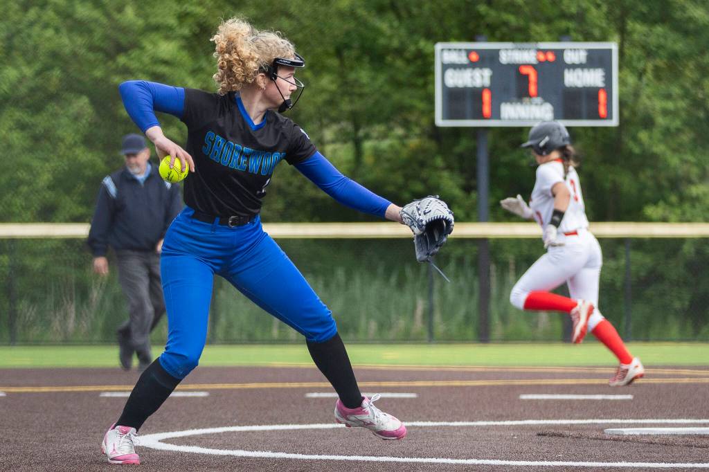 Shorewoods Ellie Van Horn makes a throw to first base during the 3A district loser-out game against Snohomish on Thursday, May 14, 2026 in Everett, Washington. (Olivia Vanni / The Herald)