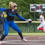 Shorewoods Ellie Van Horn makes a throw to first base during the 3A district loser-out game against Snohomish on Thursday, May 14, 2026 in Everett, Washington. (Olivia Vanni / The Herald)