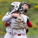 Snohomishs Abby Edwards hugs teammate Rozlynn Girard during the 3A district loser-out game against Shorewood on Thursday, May 14, 2026 in Everett, Washington. (Olivia Vanni / The Herald)