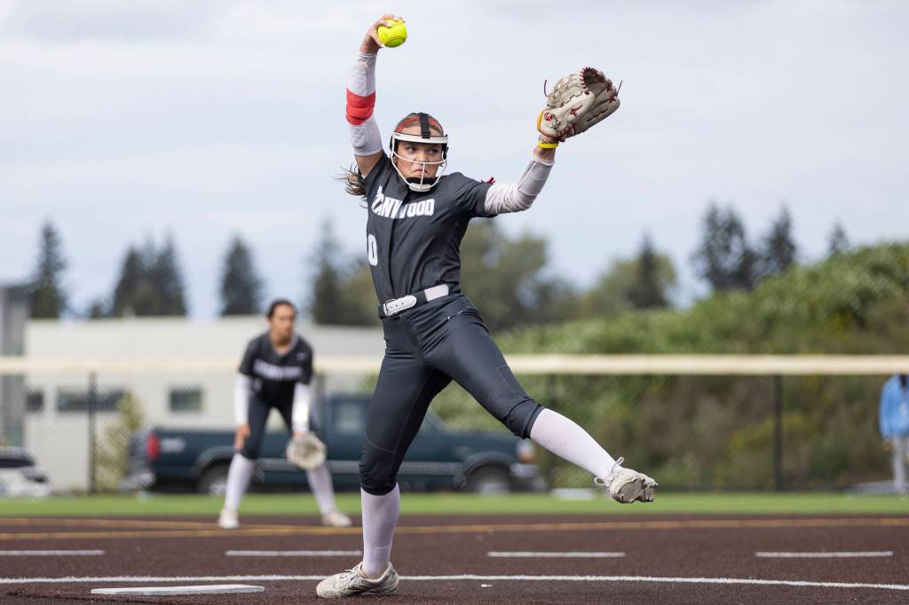 Stanwoods Addi Anderson pitches during the 3A district loser-out game against Meadowdale on Thursday, May 14, 2026 in Everett, Washington. (Olivia Vanni / The Herald)