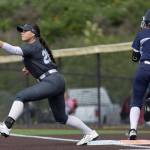Meadowdales Arianna Lyon beats the throw to first base during the 3A district loser-out game against Stanwood on Thursday, May 14, 2026 in Everett, Washington. (Olivia Vanni / The Herald)
