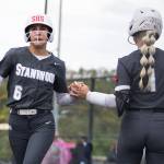 Stanwoods Jemma Lopezhigh fives teammate Aaliyah Shafer after scoring on Thursday, May 14, 2026 in Everett, Washington. (Olivia Vanni / The Herald)