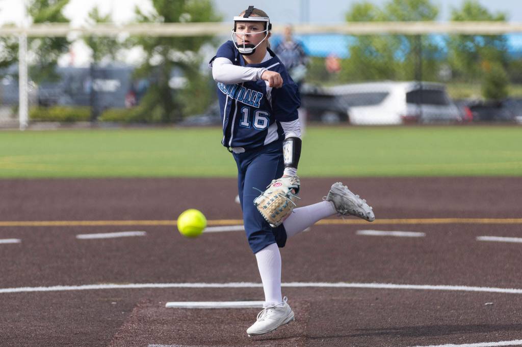 Meadowdales Payton Aldridge pitches during the 3A district loser-out game against Stanwood on Thursday, May 14, 2026 in Everett, Washington. (Olivia Vanni / The Herald)