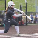 Stanwoods Jordan Rancourt hits a two-run home run during the 3A district loser-out game against Meadowdale on Thursday, May 14, 2026 in Everett, Washington. (Olivia Vanni / The Herald)