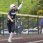 Stanwoods Addi Anderson reacts to the home run hit by Stanwoods Jordan Rancourt during the 3A district loser-out game against Meadowdale on Thursday, May 14, 2026 in Everett, Washington. (Olivia Vanni / The Herald)