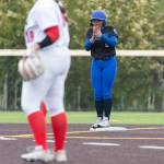 Shorewoods Zoey Perreault reacts after getting to second base during the 3A district loser-out game against Snohomish on Thursday, May 14, 2026 in Everett, Washington. (Olivia Vanni / The Herald)