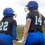 Shorewoods Zoey Perreault and Shorewoods Rose Gallagher react after scoring during the 3A district loser-out game against Snohomish on Thursday, May 14, 2026 in Everett, Washington. (Olivia Vanni / The Herald)