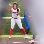 Snohomishs Amelie Lopez reacts after getting to second base during the 3A district loser-out game against Shorewood on Thursday, May 14, 2026 in Everett, Washington. (Olivia Vanni / The Herald)