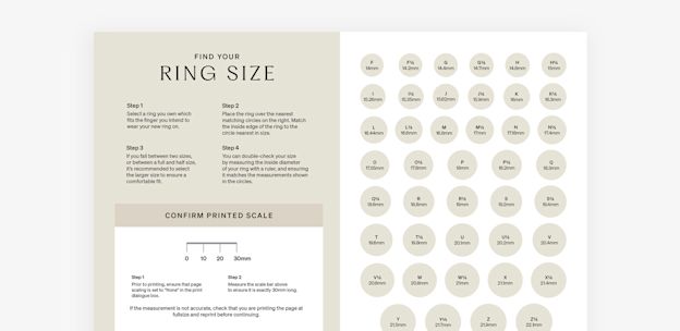 Printable Ring Size Guide Australian letter system